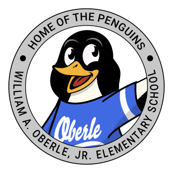 Gray circle black letters William A. Oberle, Jr. Elementary School Home Of The Penguins. Smiling penguin centered.